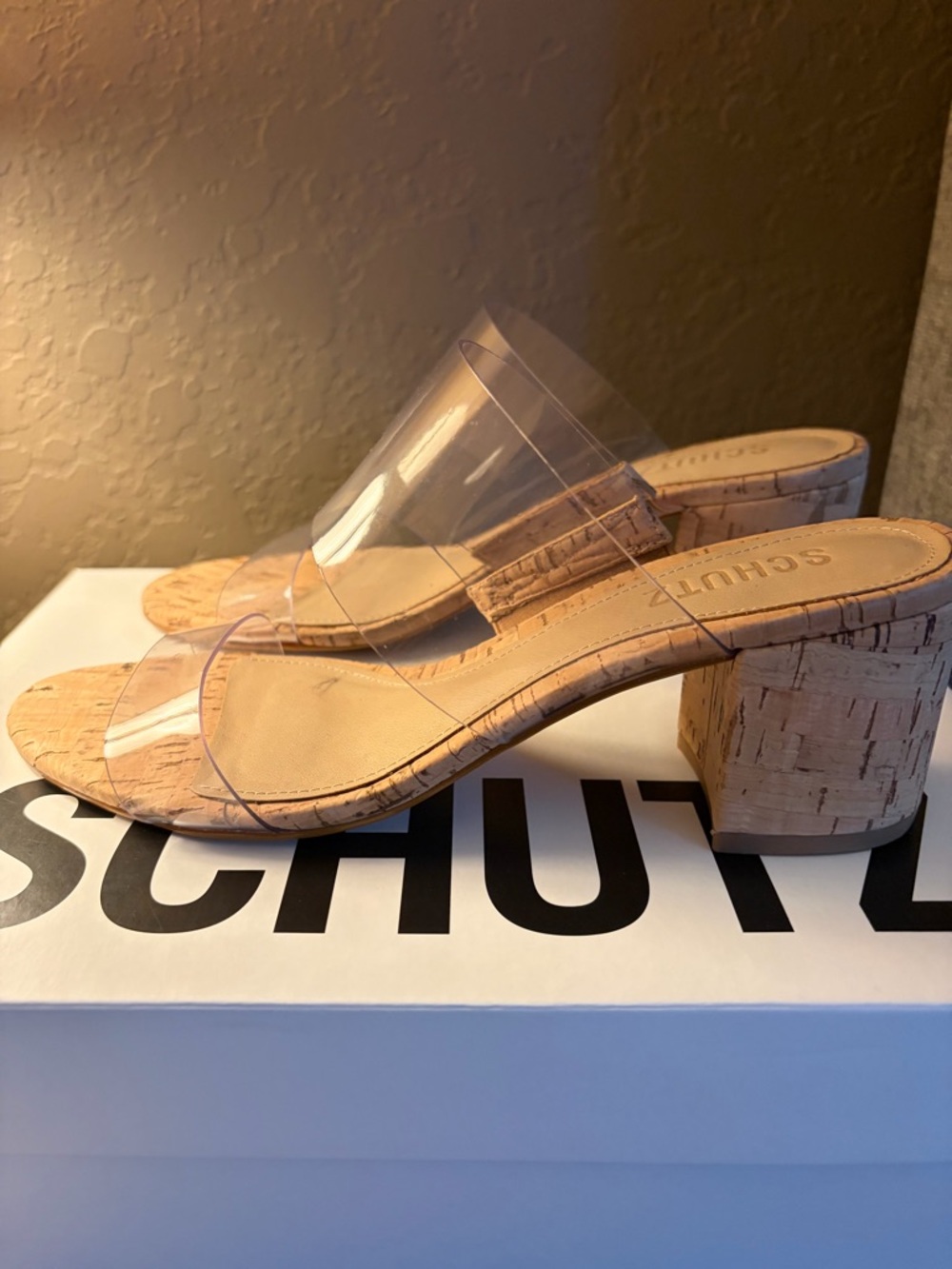SCHUTZ “Victories”Nude Cork Block Heel Mules with Clear Straps, Women’s Sz 7B